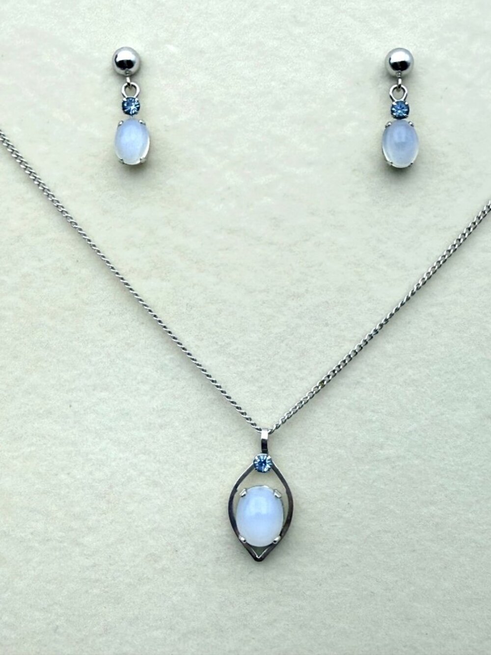 Vintage Van Dell Sterling Silver Moonstone & Blue Rhinestone Necklace & Earrings